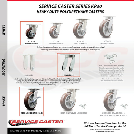 Service Caster 4 Inch Kingpinless Poly on Polyolefin Wheel Caster Swivel Locks 2 Brakes, 2PK SCC-KP30S420-PPUR-BSL-2-SLB-2